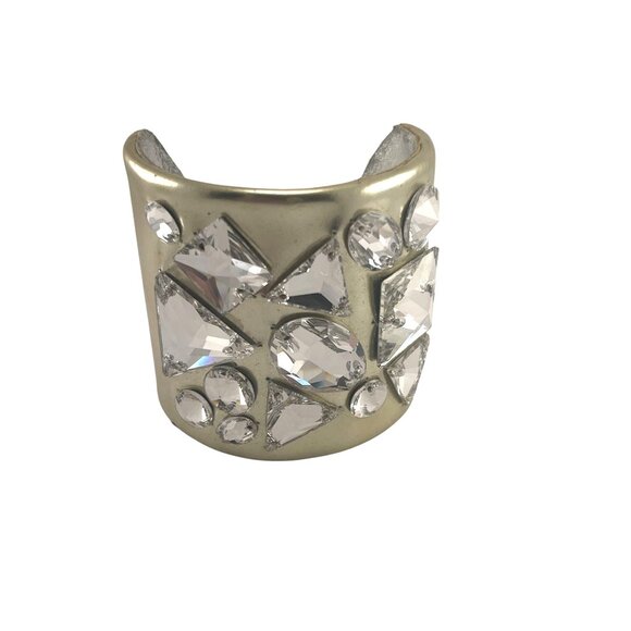 Ted Rossi NYC Gold Silver Leather Designer Rare Y2K Crystal Cuff Bracelet 2" Wid - Picture 2 of 10
